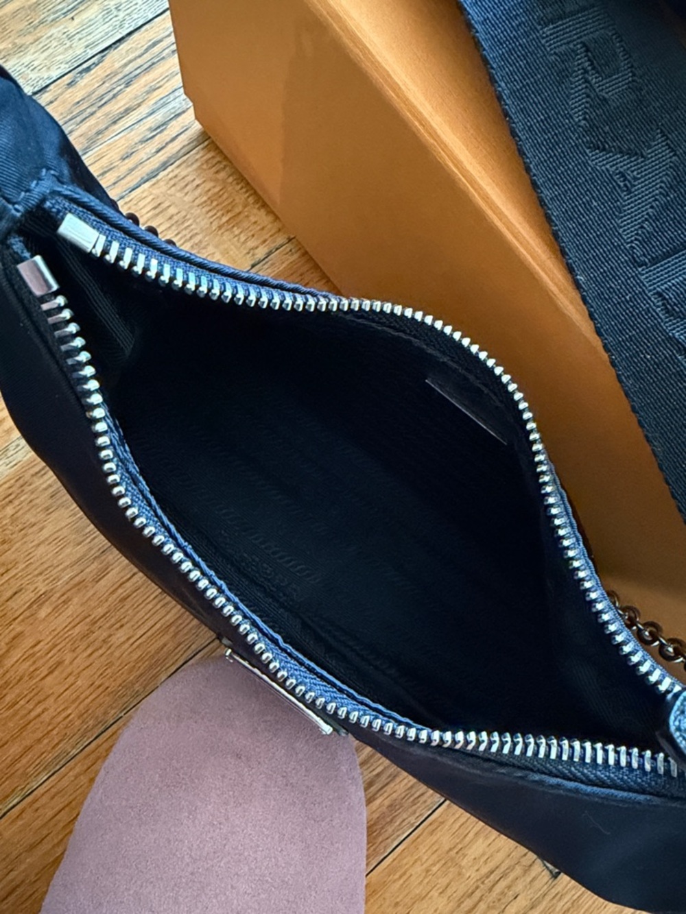 Prada Black Nylon Crescent Shoulder Bag with Chain and Strap - Picture 6 of 7